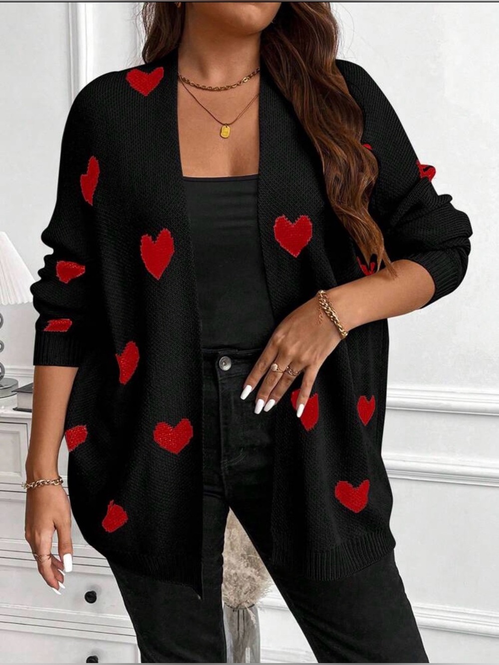 SHEINCurve Black Open-Front Cardigan with Red Heart Motif